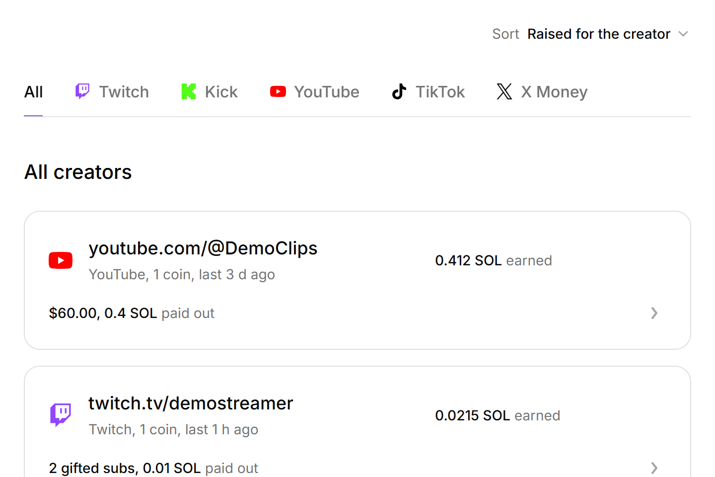 The creators list with the platform filter