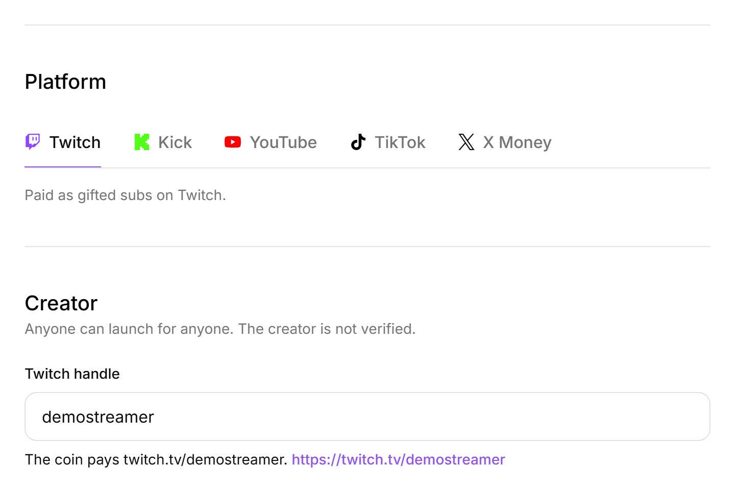 The launch form: the platform row and the creator handle field