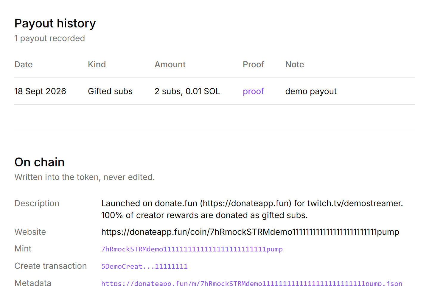 A coin page: the creator fund and the payout history table